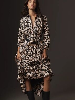 English Factory Anthropolgie Tiered Floral Midi Shirt Dress Black Blush 2X Plus